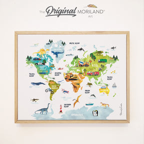 Transportation, Dinosaurs & Animals World Map - Framed Canvas Print | World Map Print, Transportation Decor, Horizontal, Educational Poster, World Map Art, Classroom Decor, Vehicle Boy Art, Dinosaur Print, Animals Wall Art, World Map for Boy Bedroom, Kids Poster by MORILAND