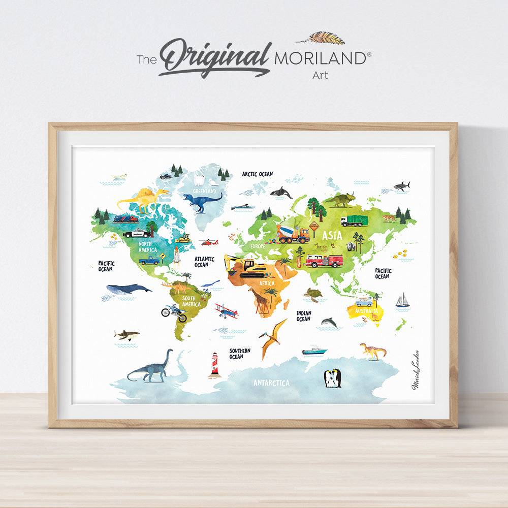 printable watercolor world map poster wall art print for kids room by MORILAND