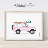 Bronco - Pink Classic SUV with Surfboard Print - Printable Art, Car Print, Vintage Car Print, Printable Surfboard Wall Art, Surf Art, Transportation Decor, Classic Car Wall Art, Coastal Bedroom Poster, Vehicle Print, Kids Poster, Watercolor Art by MORILAND