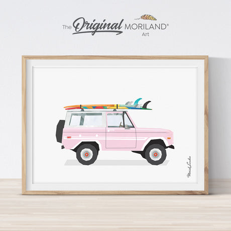 Bronco - Pink Classic SUV with Surfboard Print - Printable Art, Car Print, Vintage Car Print, Printable Surfboard Wall Art, Surf Art, Transportation Decor, Classic Car Wall Art, Coastal Bedroom Poster, Vehicle Print, Kids Poster, Watercolor Art by MORILAND