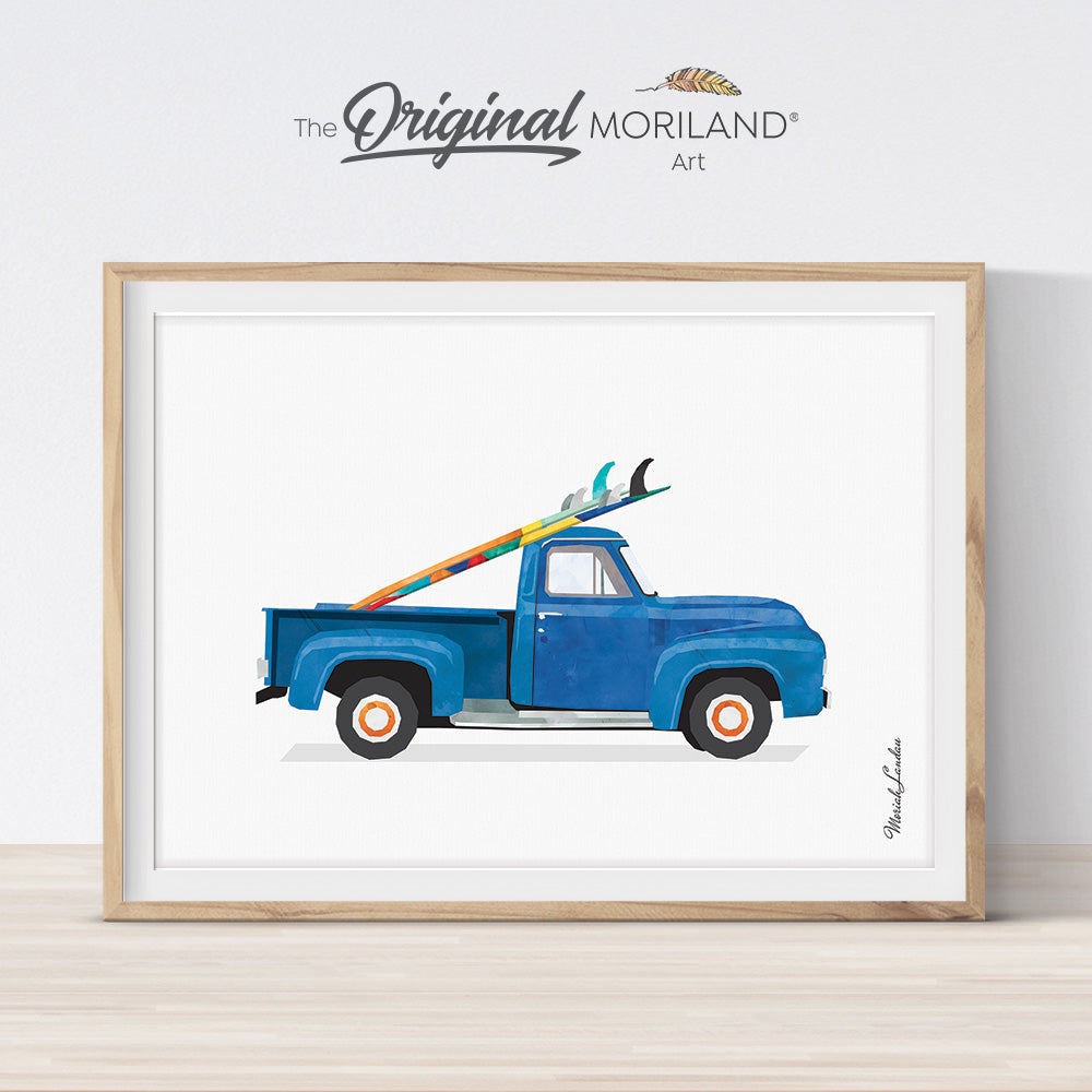 Old Truck with Surfboard Print, Vintage Car Printable, Surf Art, Transportation Decor, Classic Car Wall Art, Coastal Poster, MORILAND®