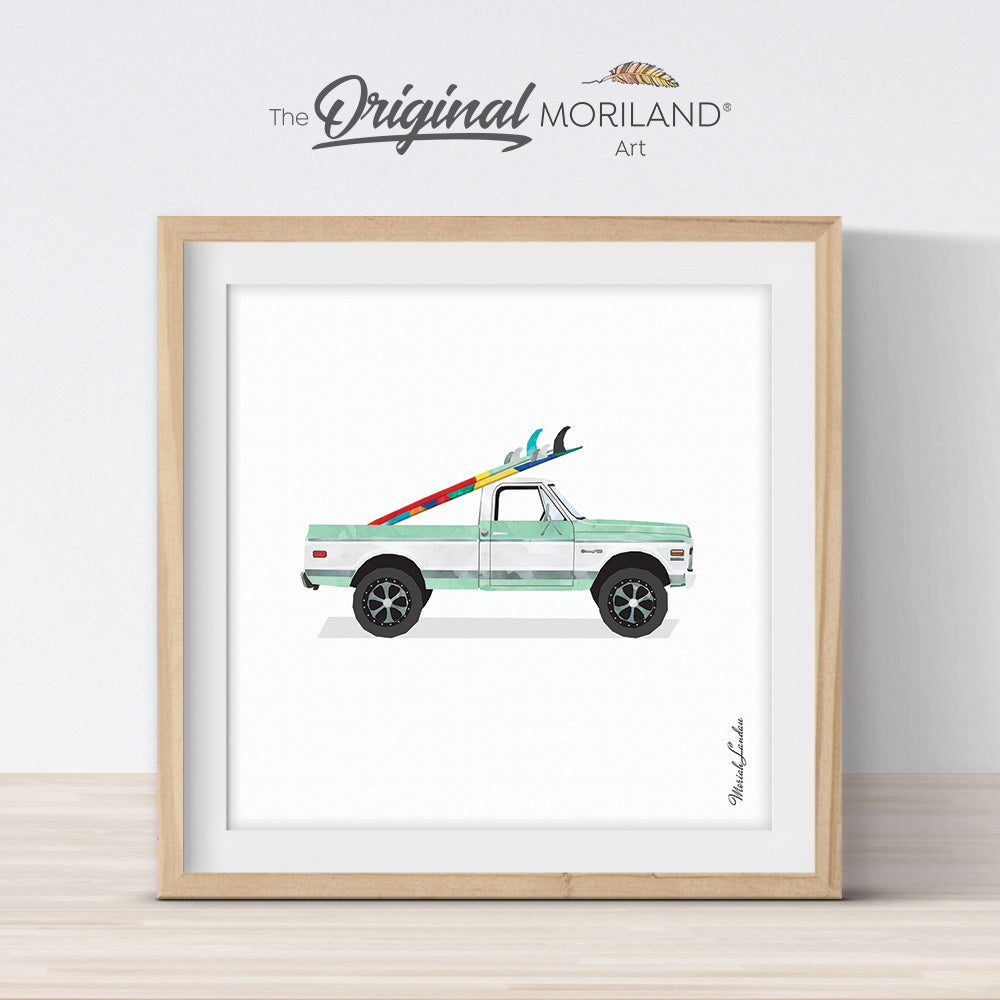 Green High Classic Pickup Truck with Surfboards Print - Printable Art