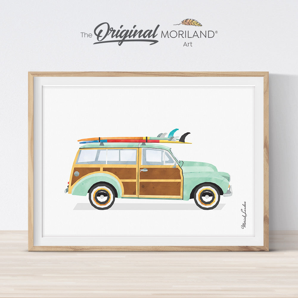 Surfboard Wall Art, Bedroom Wall Art, Surfboard Print, watercolor car with surfboard