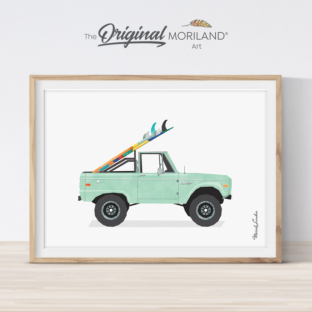 Car Print, Vintage Car Print, Printable Surfboard Wall Art, Surf Art, Transportation Decor, Classic Car Wall Art, Coastal Bedroom Poster | By MORILAND