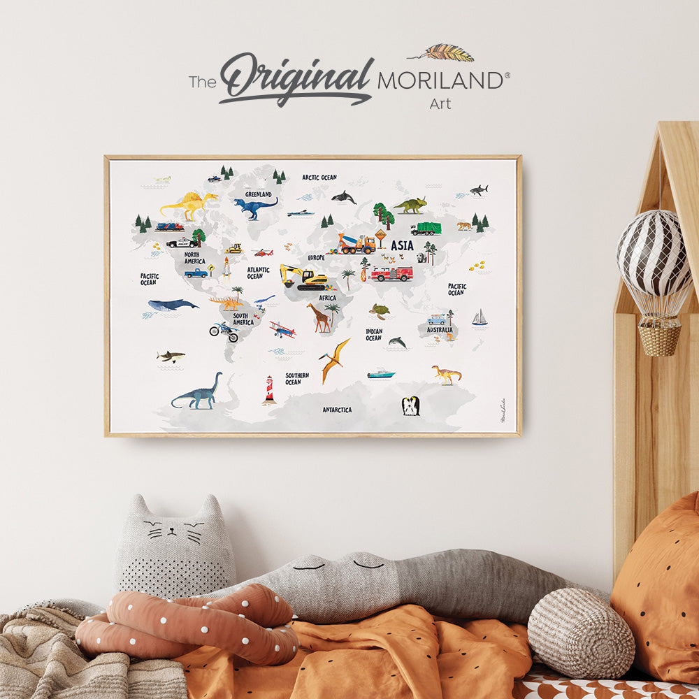 Transportation, Dinosaurs & Animals World Map | Gray - Framed Canvas Print