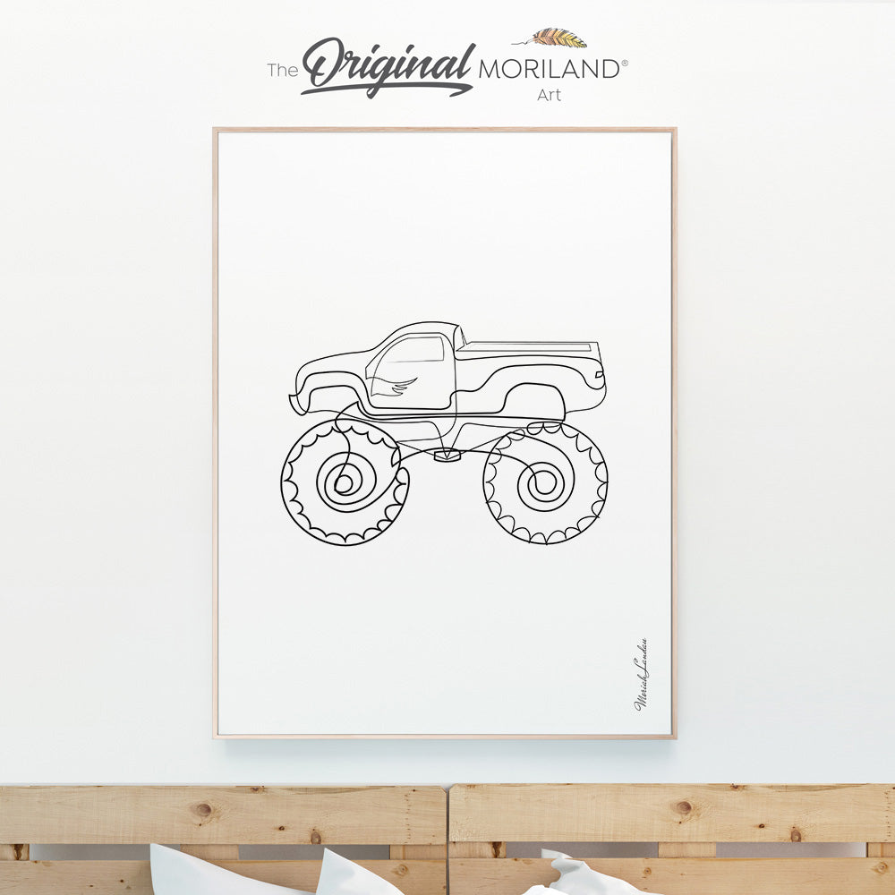 One Line Art Drawing Print, Vertical Monster Truck Print, Transportation Wall Art, Boy Bedroom Print, Printable, Minimalist Nursery Art