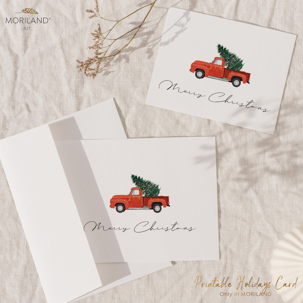 Printable Merry Christmas Card of an Old Christmas Truck with Christmas Tree by MORILAND