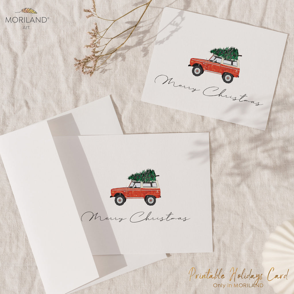 Printable Merry Christmas Card of a Classic Christmas SUV with Christmas Tree