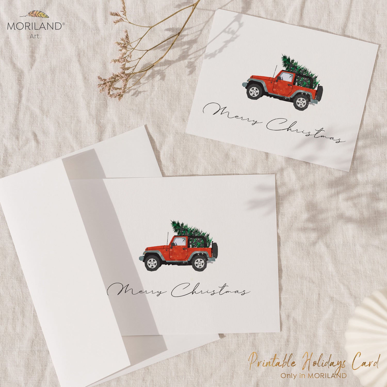 Printable Merry Christmas Card of a Classic SUV with Christmas Tree