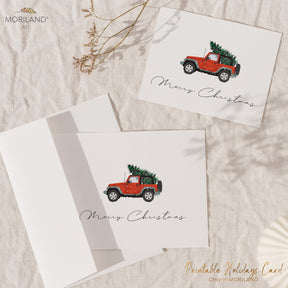 Printable Merry Christmas Card of a Classic SUV with Christmas Tree