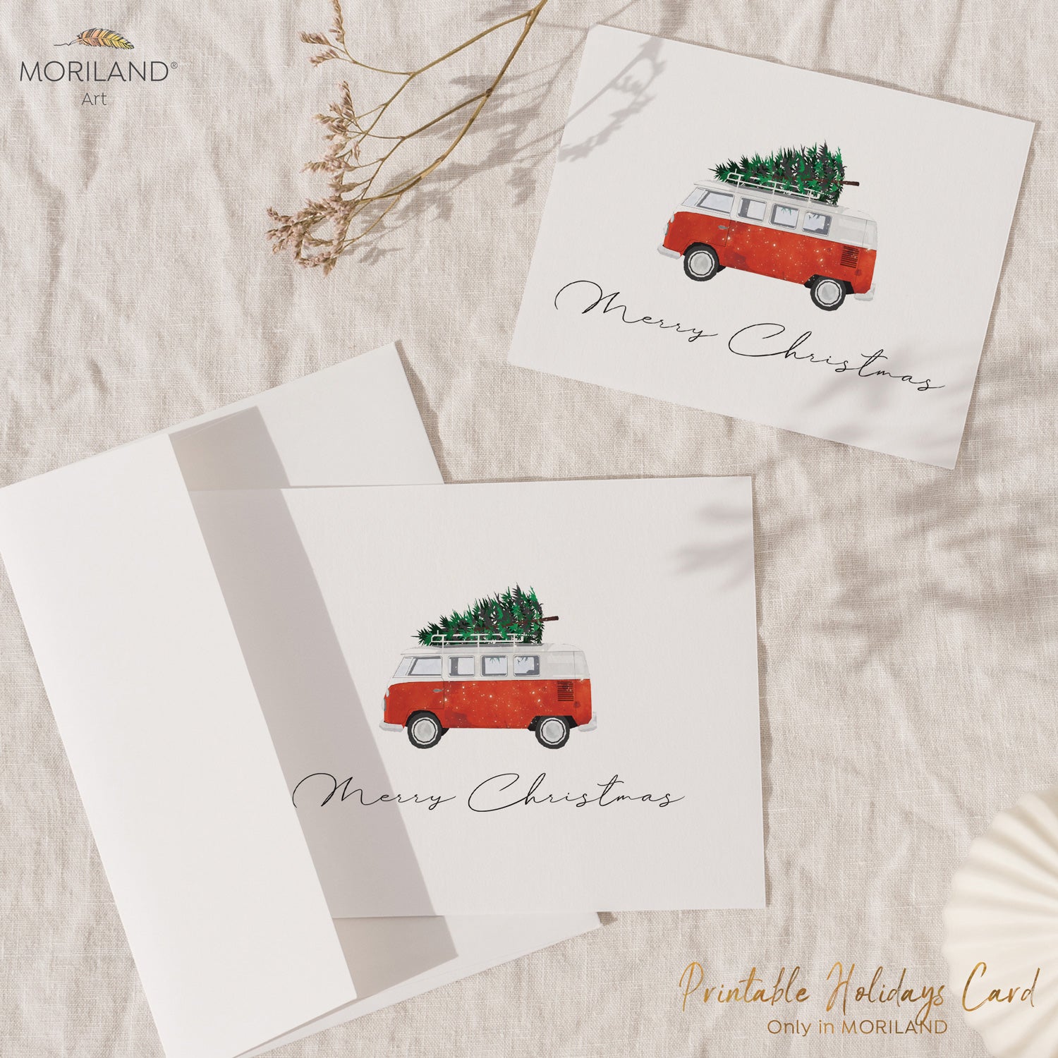 Printable Christmas Card of a Classic Van Camper with Christmas Tree by MORILAND