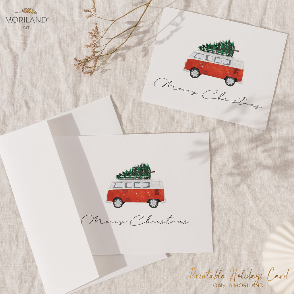 Printable Christmas Card of a Classic Van Camper with Christmas Tree by MORILAND
