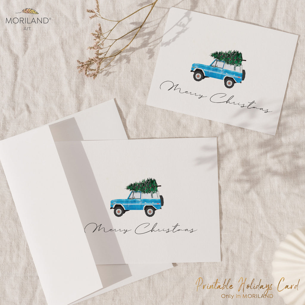 Printable Merry Christmas Card of a Classic SUV with Christmas Tree by MORILAND