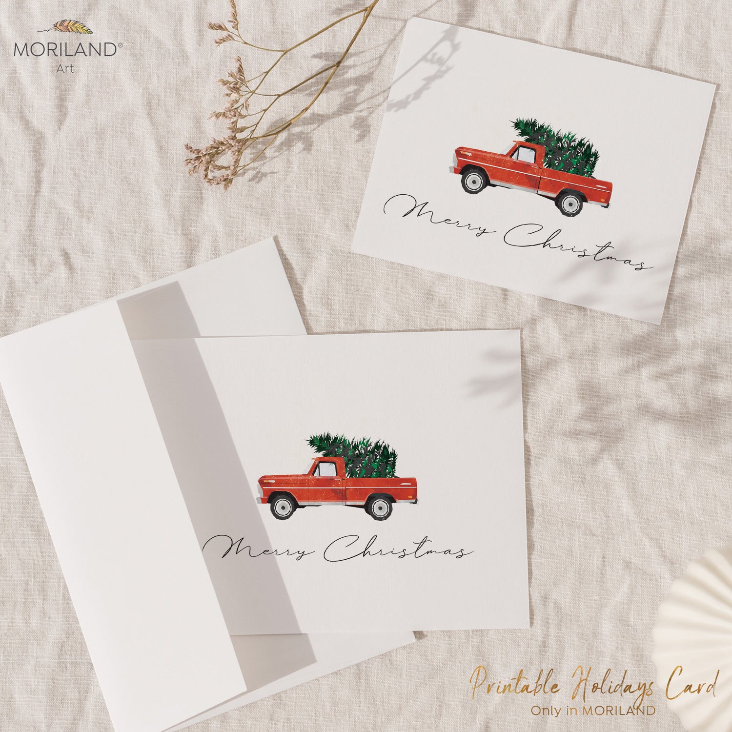 Printable Merry Christmas Card of a Classic Pickup Truck with Christmas Tree