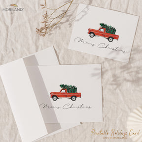 Printable Merry Christmas Card of a Classic Pickup Truck with Christmas Tree