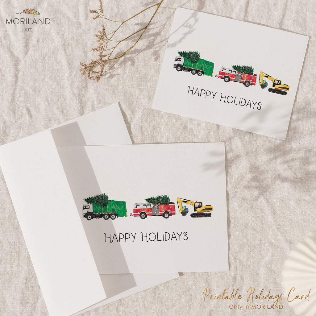 Printable Happy Holidays Card of Garbage Truck, Fire Truck and Excavator Digger Parade by MORILAND