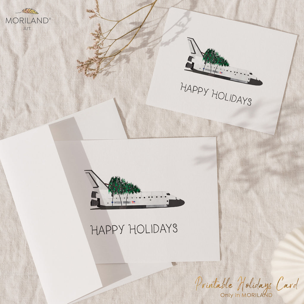 Printable Happy Holidays Card of Space Shuttle with Christmas Tree by MORILAND