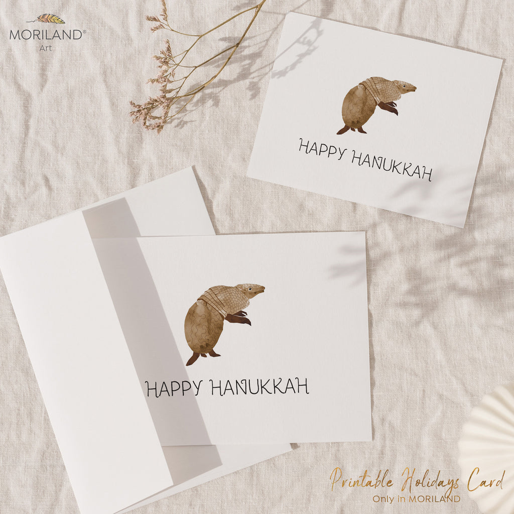 Printable Happy Hanukkah Card with a Holiday Armadillo by MORILAND