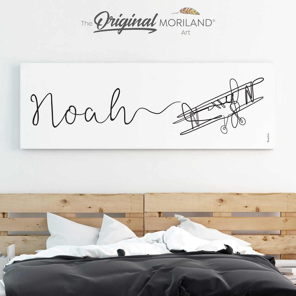 Canvas Print - Custom Name One Line Drawing with Airplane, 12x36", Nursery Canvas, Alphabet Canvas, Kids Bedroom Wall Art, MORILAND