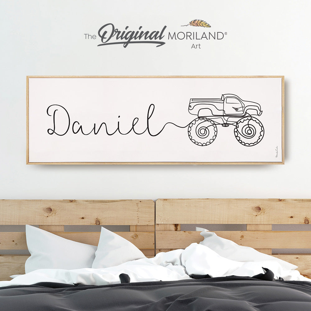 Custom Name One Line Drawing - Printable Custom Name with Monster Truck, Personalized Gifts, Above Bed-Wall Decor, Over the Bed Sign