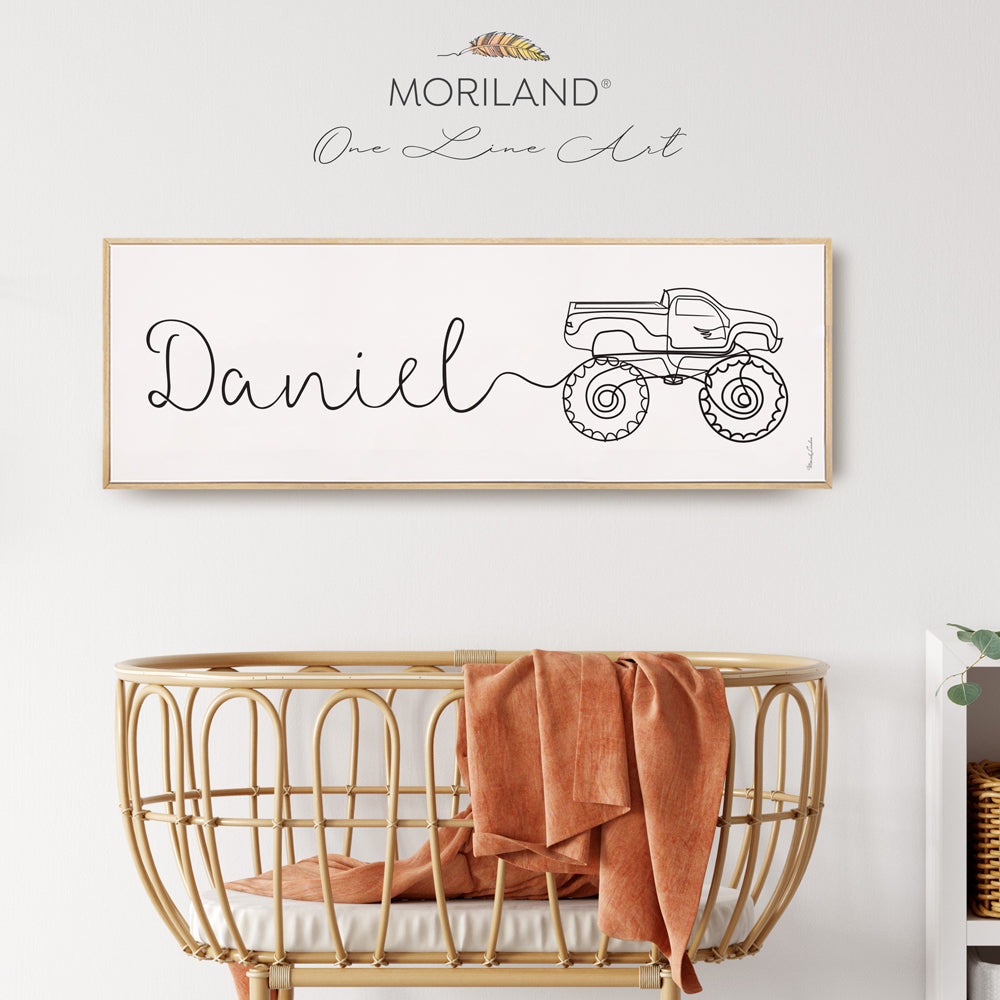 Custom Name One Line Drawing with Monster Truck - Framed Canvas Print,  One Line Drawing Print, Monster Truck Artwork, Boy Wall Hanging, Vehicle Print, Toddler Boy Personalized Gifts, Above Bed-Wall Decor, Over the Bed Sign, Kids Poster by MORILAND