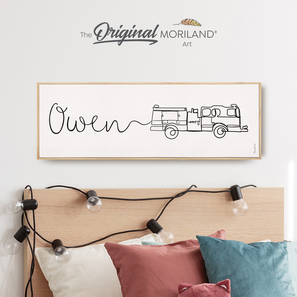 Custom Name One Line Drawing with Fire Truck - Printable Art