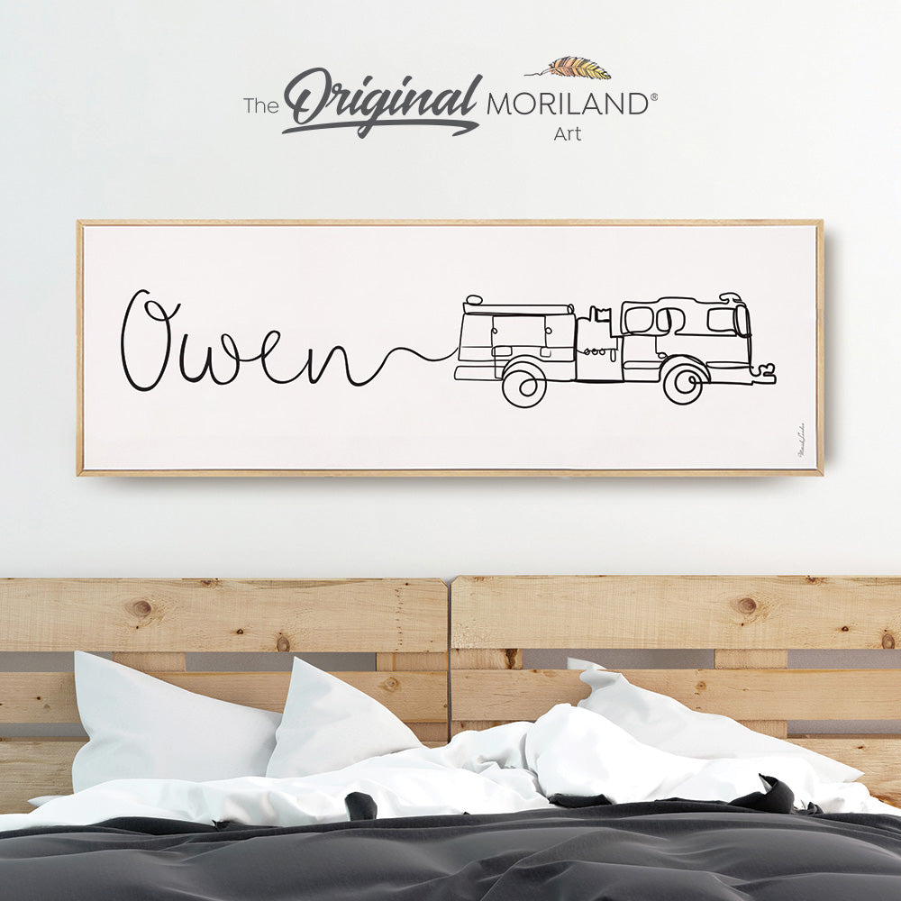 Custom Name One Line Drawing - Printable Custom Name with Fire Truck, Personalized Gifts, Above Bed-Wall Decor, Over the Bed Sign