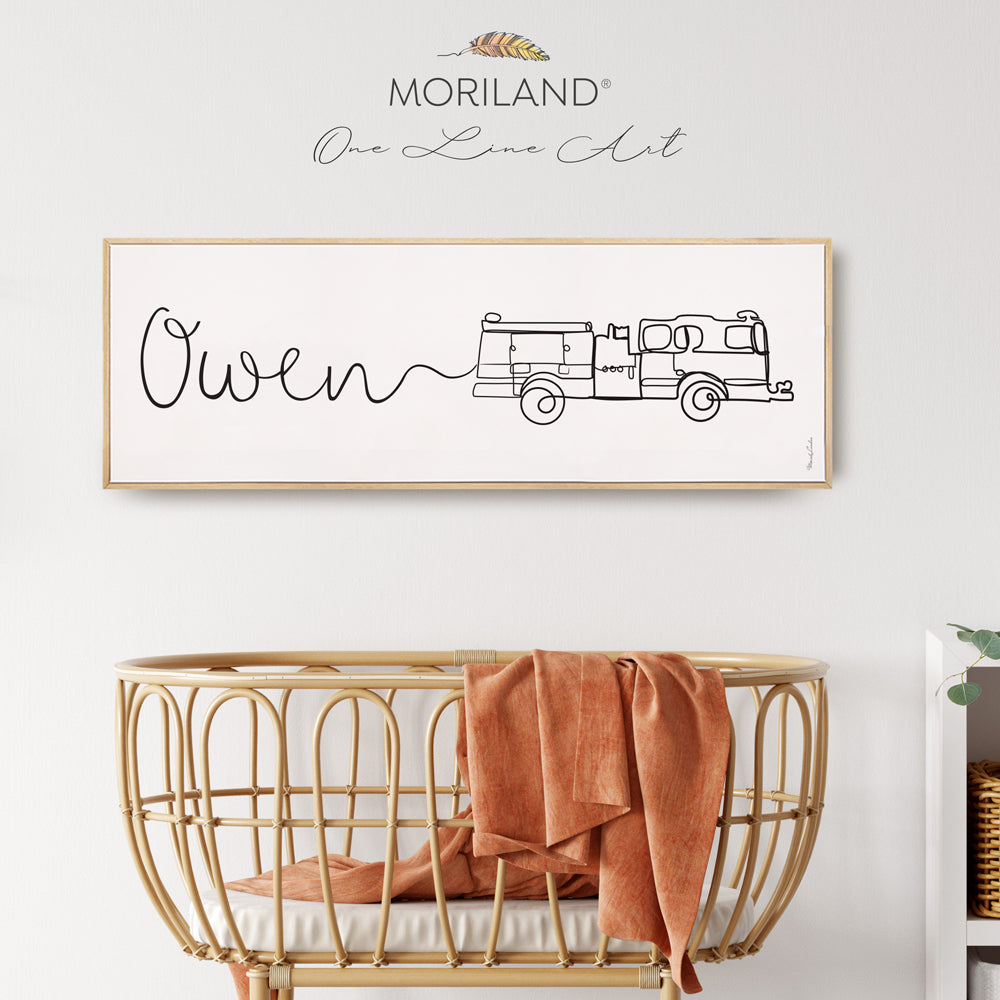 Custom Name One Line Drawing with Fire-Truck - Framed Canvas Print,  One Line Drawing Print, Fire Truck Artwork, Boy Wall Hanging, Fire Engine Canvas, Vehicle Print, Toddler Boy Personalized Gifts, Above Bed-Wall Decor, Over the Bed Sign, Kids Poster by MORILAND