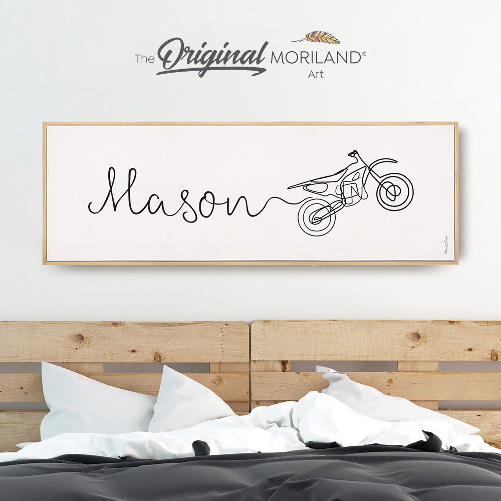 Custom Name One Line Drawing - Printable Custom Name with Dirt Bike, Personalized Gifts for Kids, Above Bed-Wall Decor, Kids Poster by MORILAND