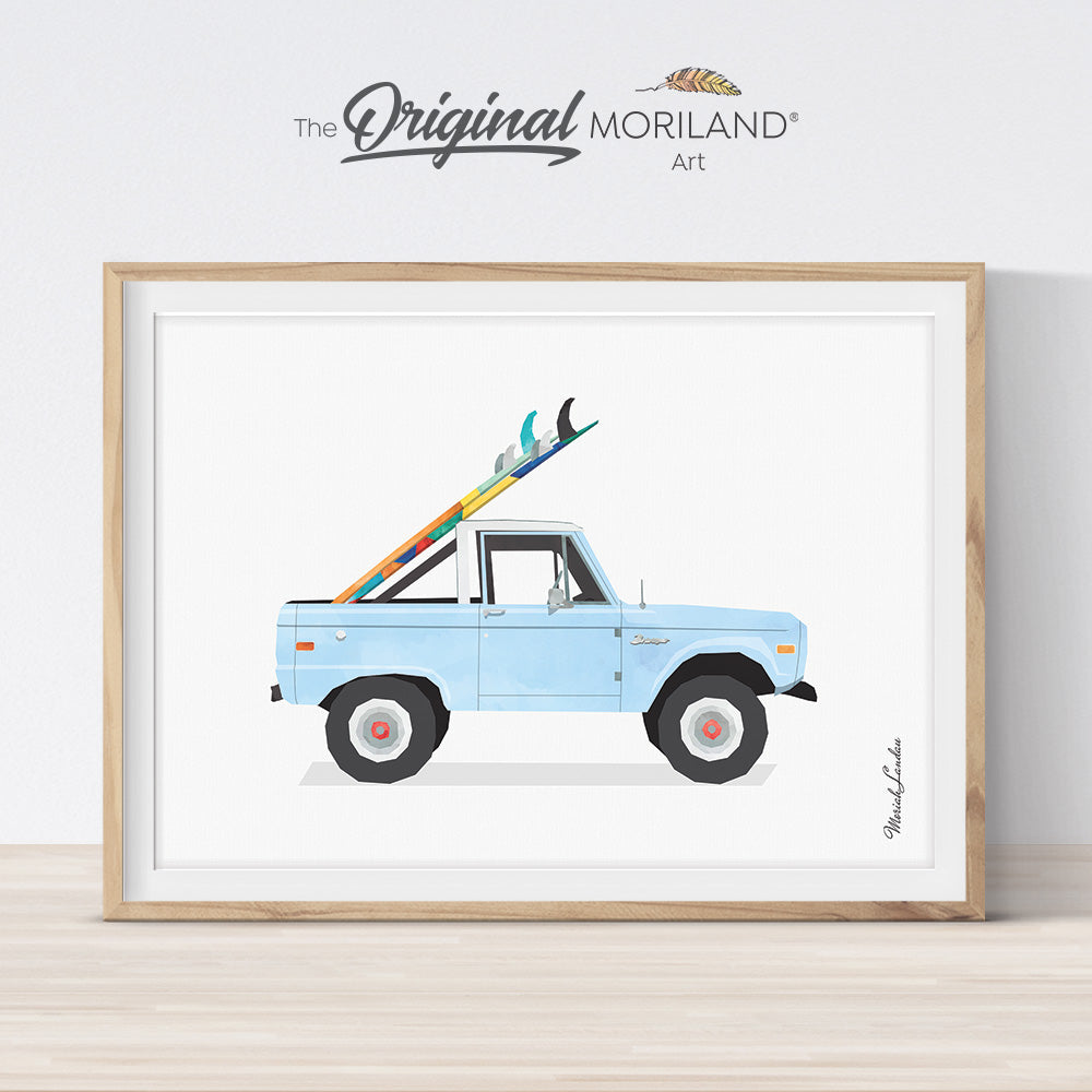 Bronco - Baby Blue Open Truck with Surfboards Print - Printable Art, Vintage Car Print, Printable Surfboard Art, Surf Art, Surf Nursery Wall Art, Gifts for Kids, Coastal Bedroom Poster, MORILAND®