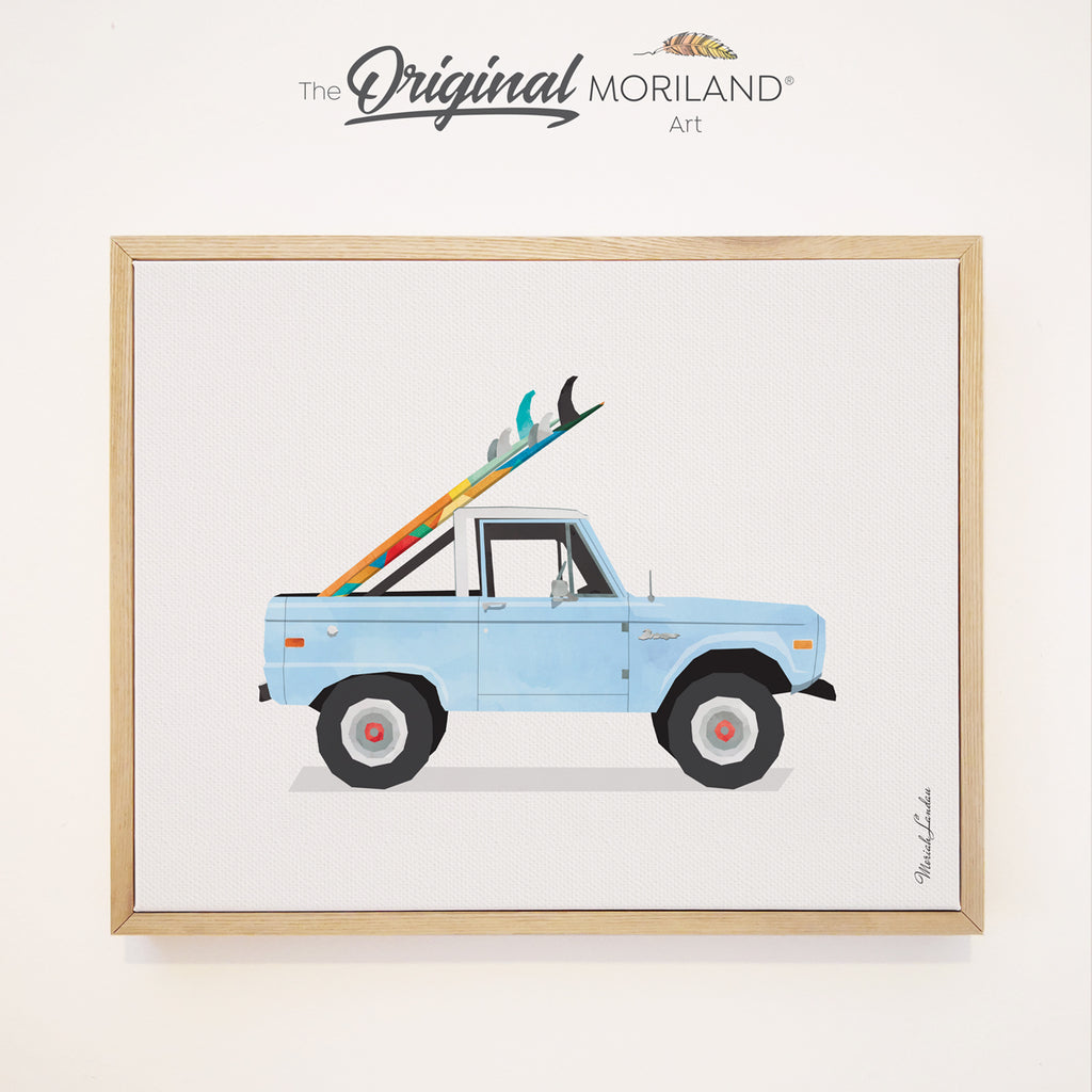 Baby Blue Open Truck with Surfboard - Framed Canvas Print | Truck Print, Classic Car Art, Vintage Surf Printable, Girl Boy Room Wall Decor, Surf Decor, Surfboard, Car Print, Transportation Decor, Vehicle Print, Kids Poster by MORILAND