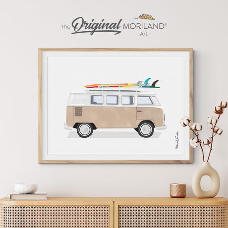 Beige Van Print, Classic Car Art, Gender Neutral Nursery, Vintage Surf Printable, Vehicle Decor, Surf Art, Surfboard, Nursery Print, Coastal Bedroom Art, MORILAND