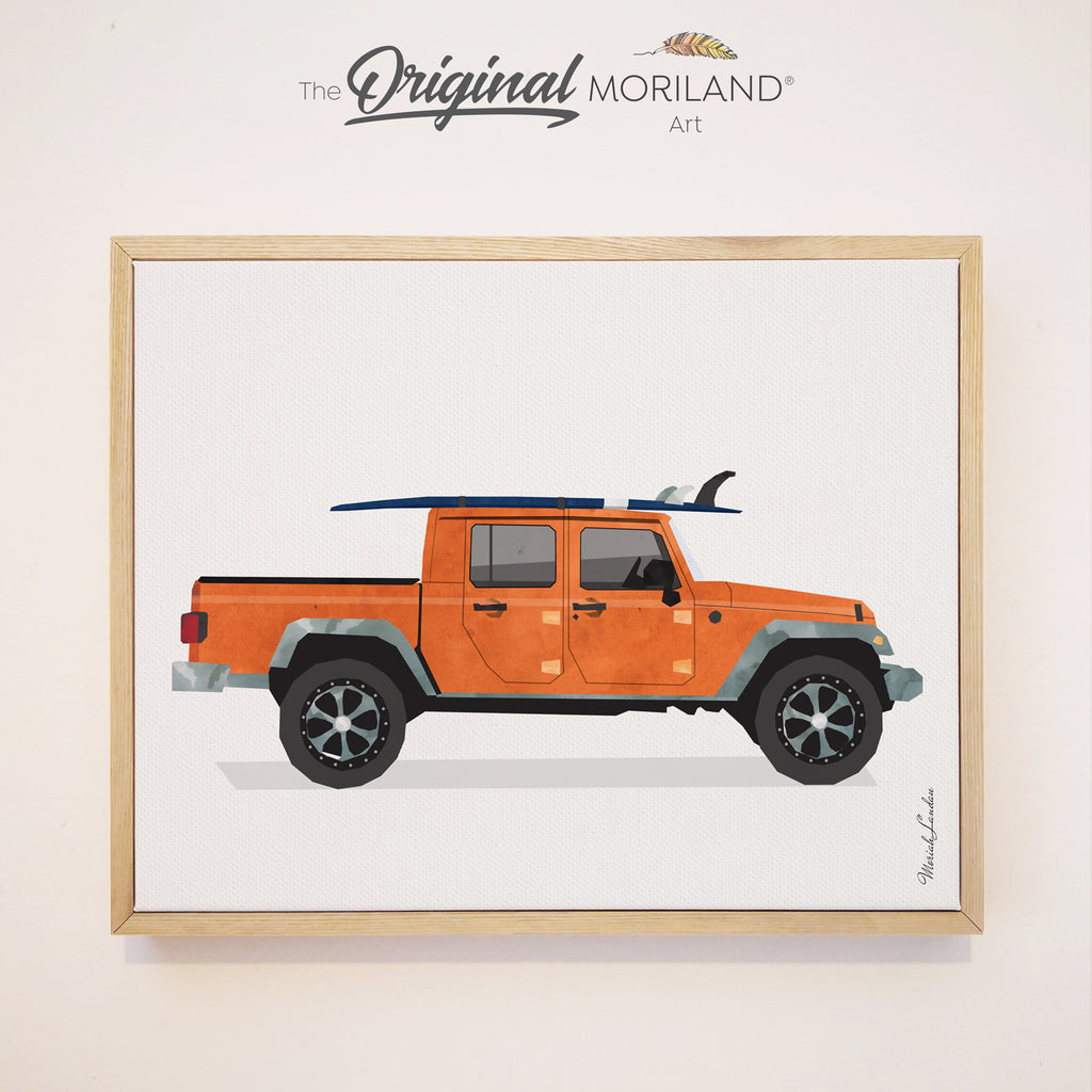 Orange Classic SUV Truck with Surfboard - Framed Canvas Print | Truck Print, Classic Car Art, Vintage Surf Printable, Girl Boy Room Wall Decor, Surf Decor, Surfboard, Car Print, Transportation Decor, Vehicle Print, Kids Poster by MORILAND