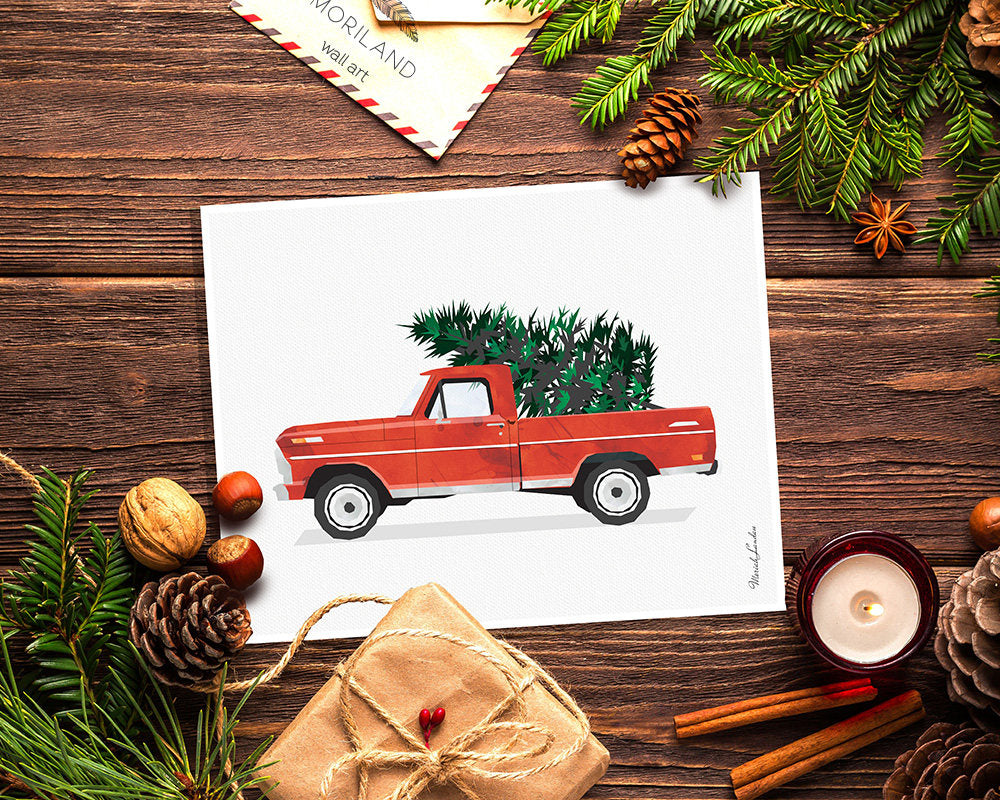Christmas Truck Print, Ford Truck and Christmas Tree Wall Art, Christmas Printable Card, Christmas Decor, Vintage Red Christmas Truck