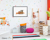 orange bulldozer watercolor wall art print for boy and toddler bedroom decor