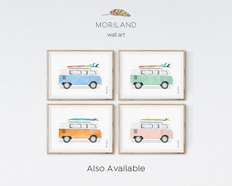 Van Print, Classic Car Art, Vintage Surf Printable, Navy Blue Wall Art, Bus Decor, Car with Surfboard, Transportation Decor, Vehicle Print