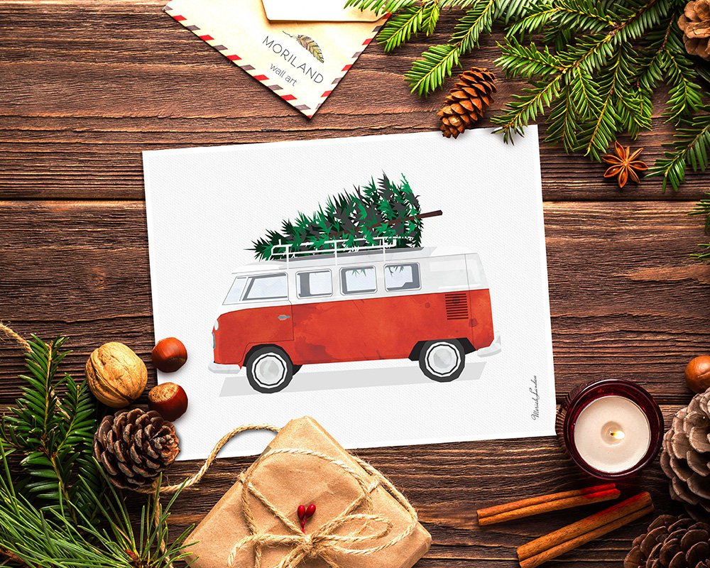 Christmas Van Print, Christmas Printable Wall Art, Christmas Printable Card, Christmas Decor, Vintage Red Christmas Van, Digital