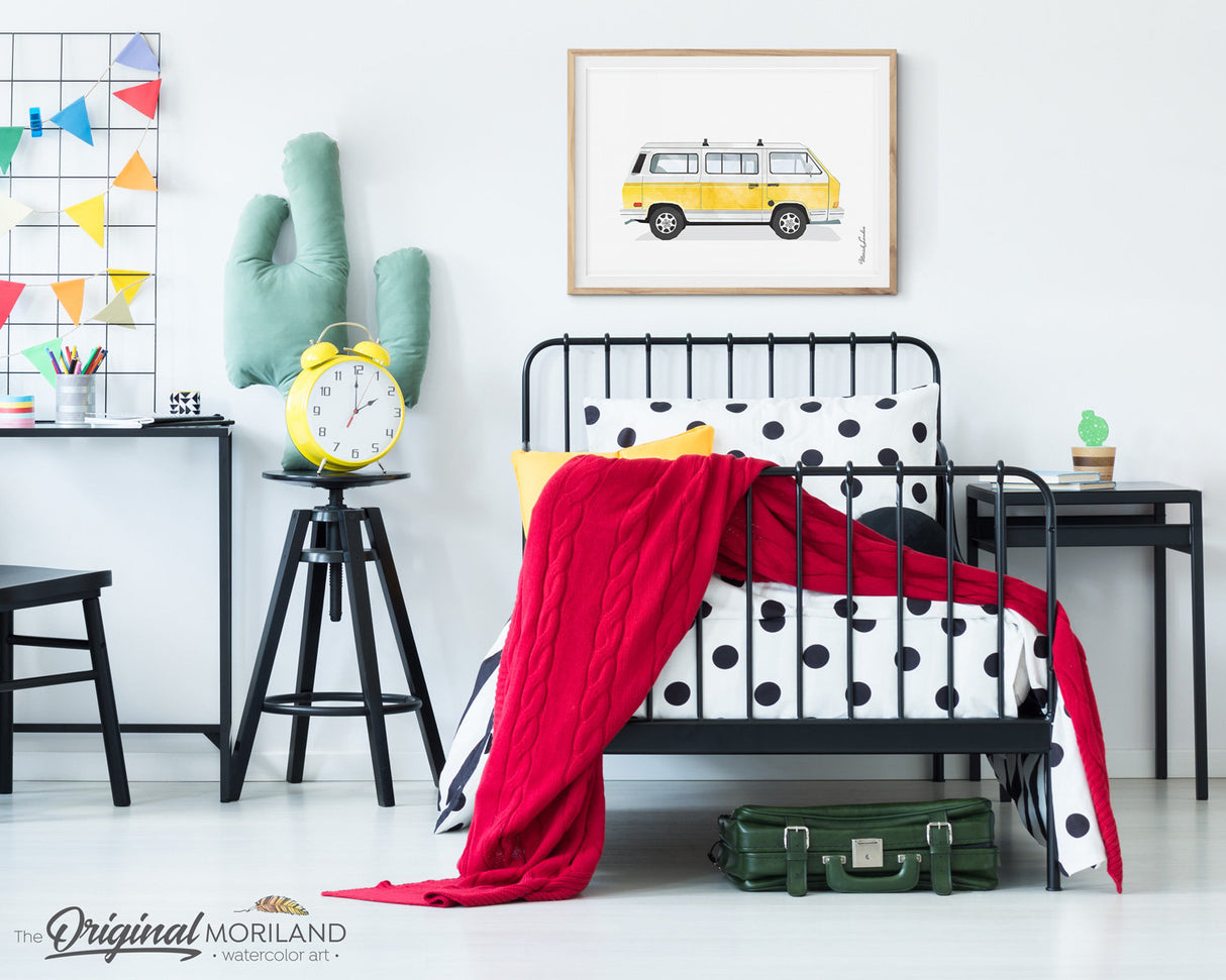 Vintage Yellow Van Wall Art Print for kids room decor