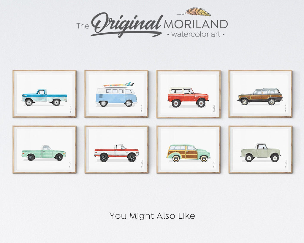Truck with Surfboards Print, Vintage Car Printable, Surf Art, Transportation Decor, Classic Car Wall Art, Pastel Colors Poster, MORILAND®