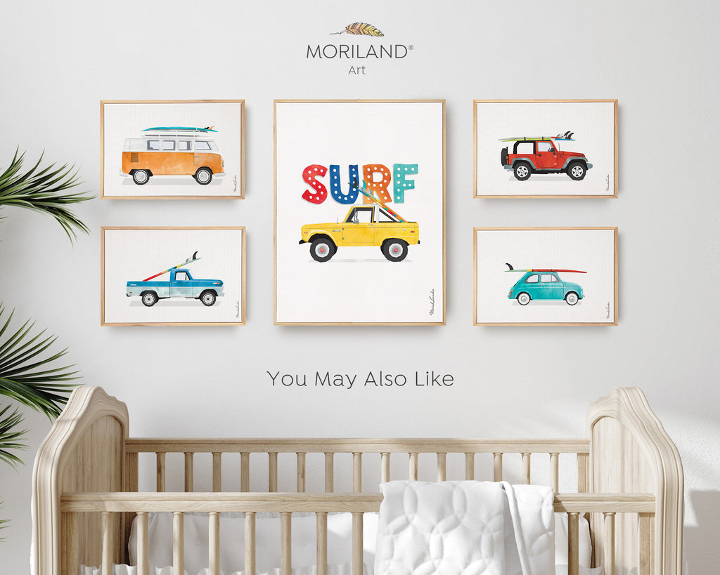 Baby Blue Vintage Car Print, Printable Surfboard Art, Surf Art, Surf Nursery Wall Art, Gifts for Kids, Coastal Bedroom Poster, MORILAND®
