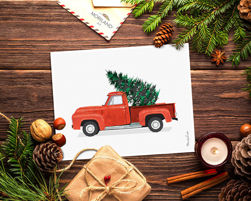 Christmas Truck Print, Red Truck and Christmas Tree Wall Art, Christmas Printable Card, Christmas Decoration, Vintage Red Christmas Truck