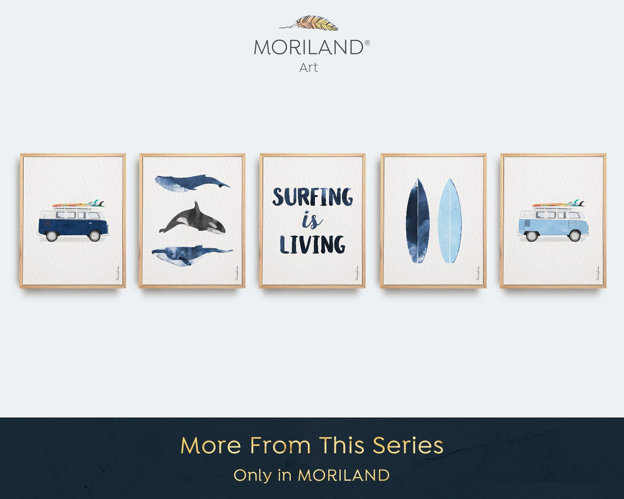 Surfing is Living Quote Art Print, Printable Surf Wall Art, Nautical Art, Surf Art, Watercolor Surf, Coastal Bedroom Poster | By MORILAND