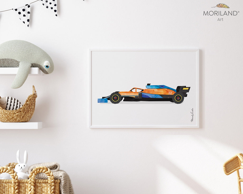 Orange-Blue Racing Car Printable, Race Car Print, Transportation Wall Art, Car Poster, Boys Room Decor, Boy Bedroom Art, Toddler Print