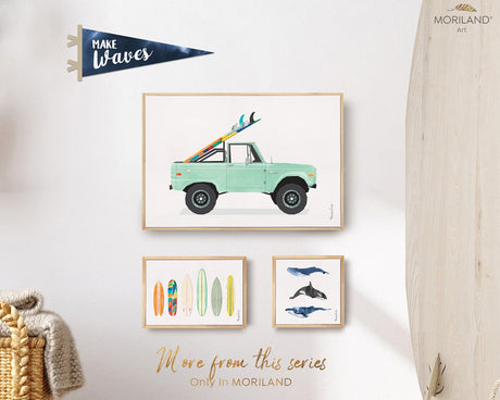 Vintage Pink Car Print, Printable Surfboard Wall Art, Surf Art, Transportation Decor, Car Wall Art, Coastal Bedroom Poster, MORILAND®