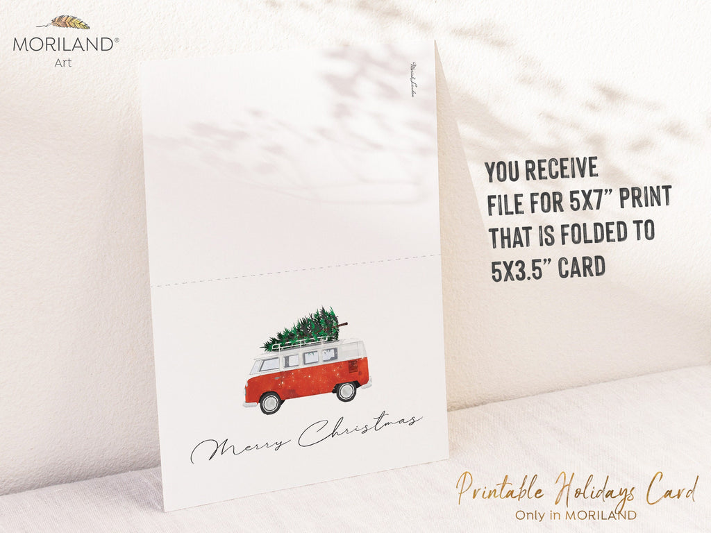 Printable Christmas Card of a Classic Van Camper with Christmas Tree | by MORILAND