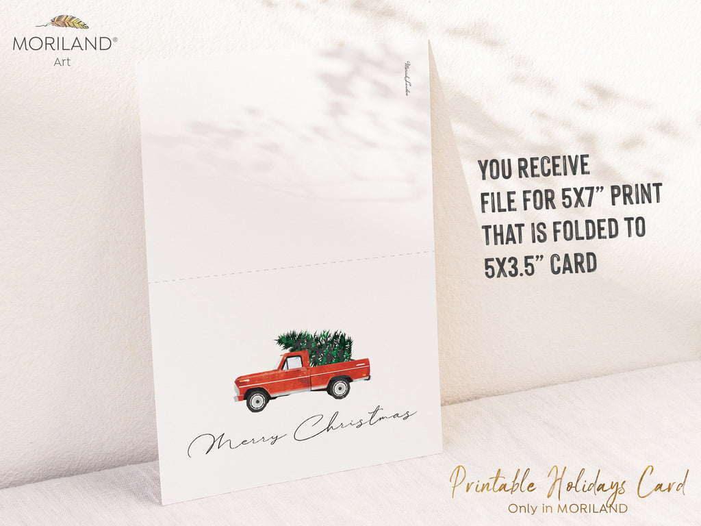 Printable Christmas Card of a Classic Pickup Truck with Christmas Tree | by MORILAND