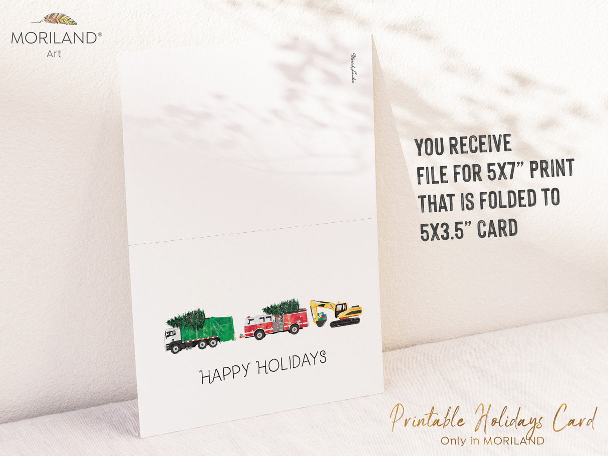 Printable Happy Holidays Card of Garbage Truck, Fire Truck and Excavator Digger Parade | by MORILAND