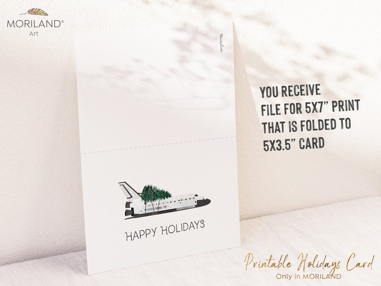 Printable Happy Holidays Card of Space Shuttle with Christmas Tree | by MORILAND