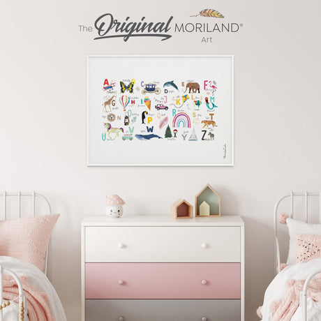 Alphabet Print, Vertical Alphabet Educational Poster For Girls, ABC Wall Art, Girl Nursery Decor, Gifts for Kids, Unicorn & Rainbow MORILAND