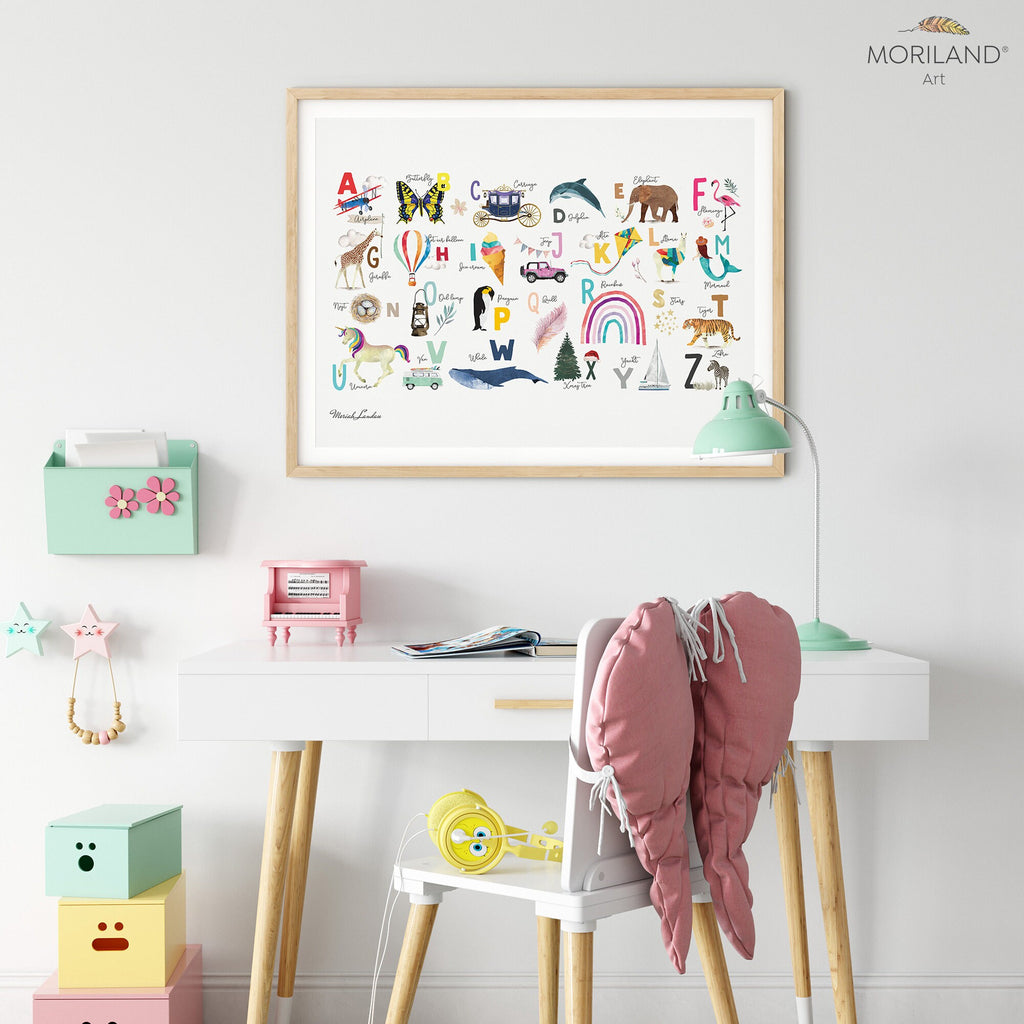 Alphabet Print, Vertical Alphabet Educational Poster For Girls, ABC Wall Art, Girl Nursery Decor, Gifts for Kids, Unicorn & Rainbow MORILAND